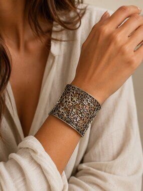 Silver-Tone Wide Filigree Cuff Bracelet With Intricate Floral Design
